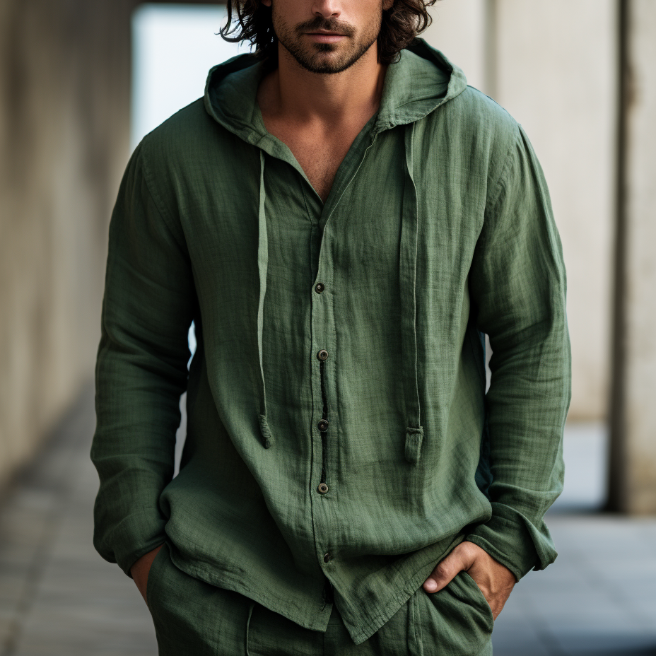 Men's Vacation Style Plain Linen Simple Casual Bohemian Button Hooded Top-inspireuse
