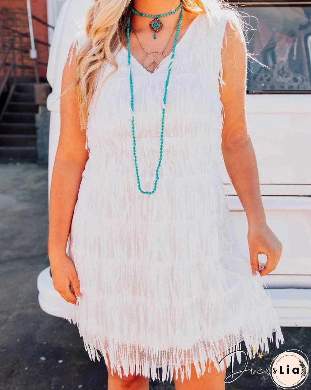 Sleeveless Solid Fringed V-Neck Mini Dress