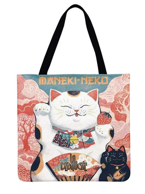 Linen Eco-friendly Tote Bag - Japanese Lucky Cat