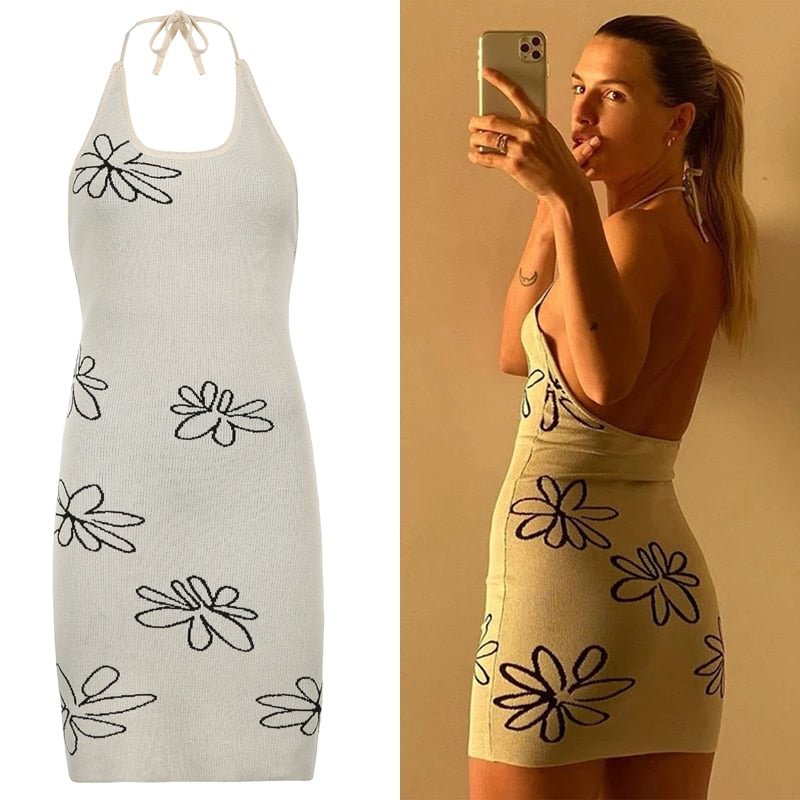 HEYounGIRL Floral Print Backless Sexy Knitted Dress Split Side Party Bodycon Long Dress Robe Vintage Skinny Fashion Streetwear