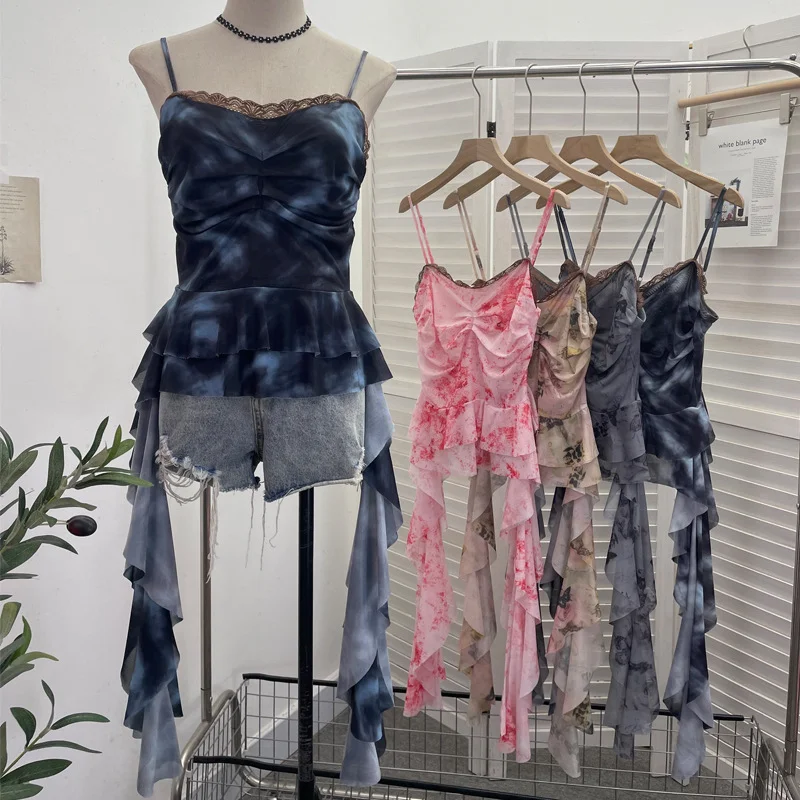 Uveng Real Shooting Atmosphere Feels A Mesh Yarn-Print Sling Vest Irregular Ribbon Splicing Lace Sleeveless Top 9968