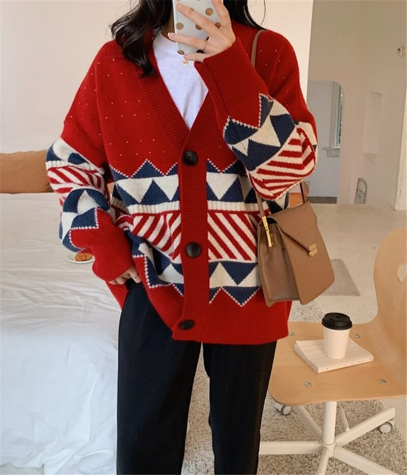 2021 Autumn Winter Women Sweater Geometric Pattern Knitted Cardigan Vintage Casual Loose Sweater Jumper Button-up Female Tops