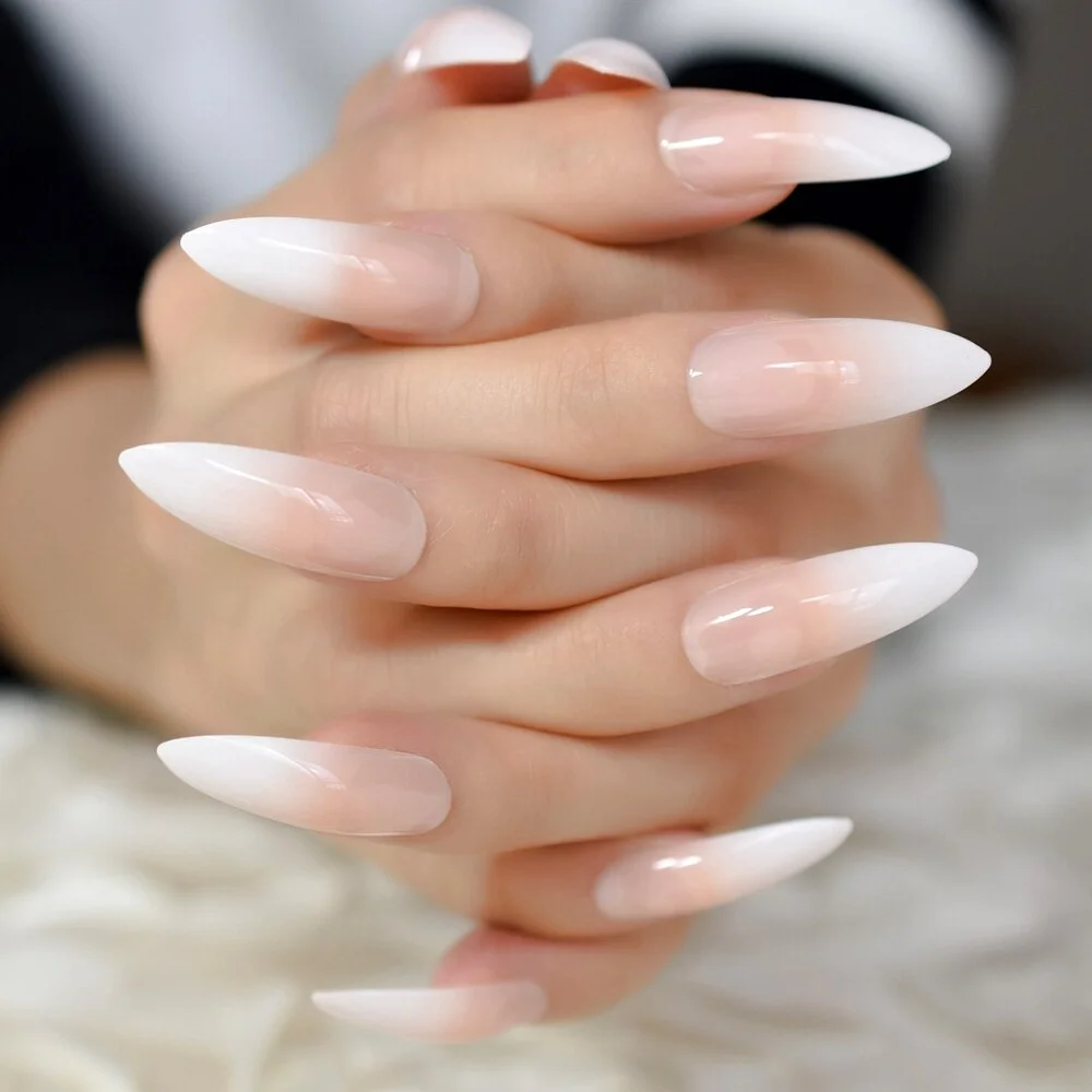 Long Coffin French Tip Fur Color Nude Faux Ongles White Smile Line Decoration Ballerina False Nails 24 Ct-Nail Inspo
