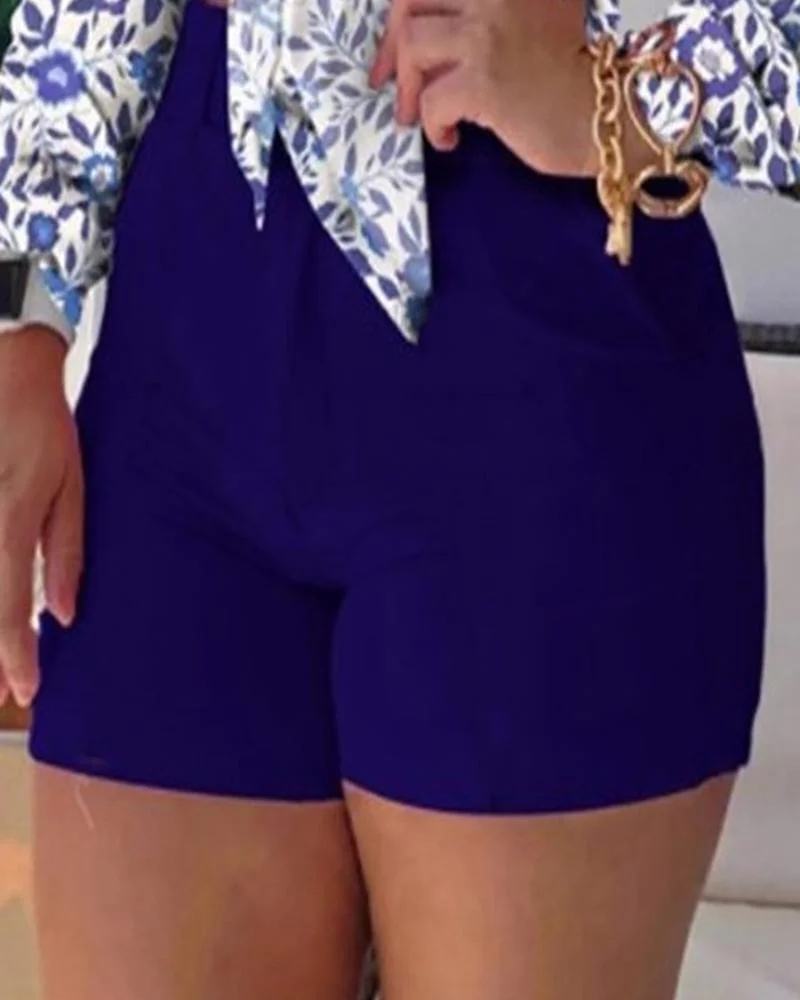 Casual Two Piece Printed Long Sleeve Shirt & Solid Shorts