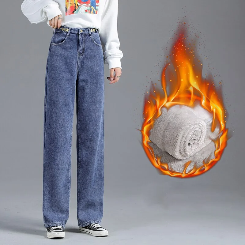 Winter Jeans Women Warm Denim Trousers High Waist Casual Loose Female Denim Pants Thick Velvet Cotton Wide Leg Woman Jeans