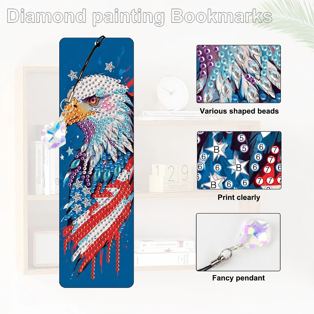 4Pcs Statue of Liberty and Eagle DIY Diamond Bookmark Art Projects Irregular Shaped Diamonds Diamond Painting Art Bookmarks with Crystal Pendants for DIY Making Beginners Adult Art Craft Supplies