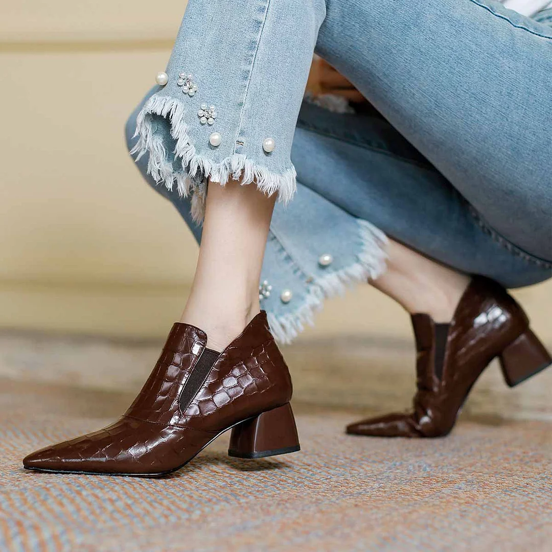 Brown Crocodile Embossed Chunky Heel Pointed Toe Booties for Women