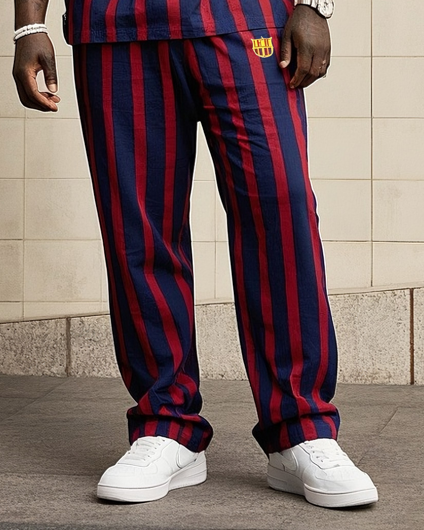 Big Boys Casual Sports Football Fans Barcelona Striped Design Round Neck Short Sleeve T-Shirt Trousers Suit