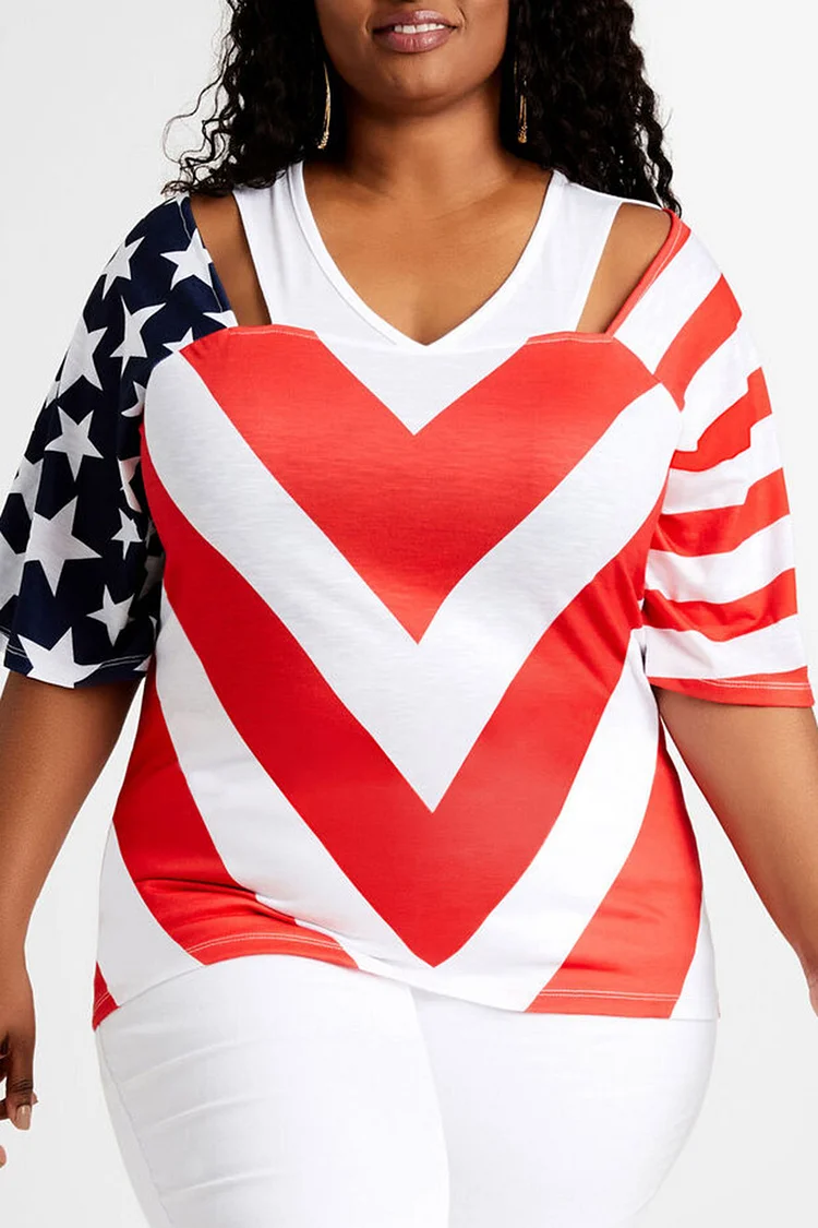 Plus Size White Daily Short Sleeve Cut Out Star Stripe Print T-Shirt