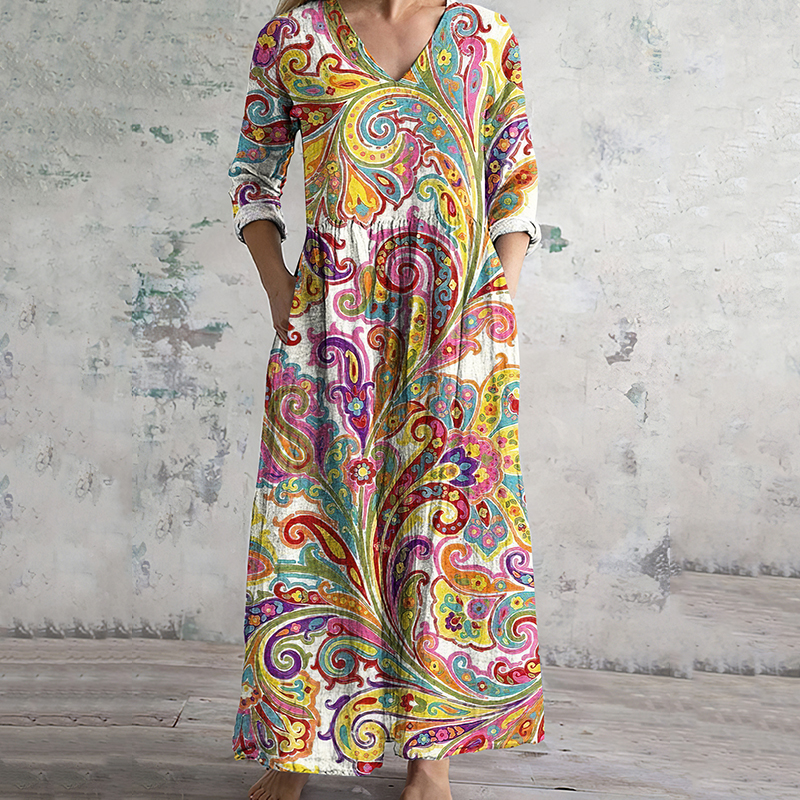 Ethnic Print V-Neck Loose Midi Dress artswardrobe