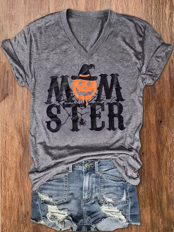 Pumpkin Momster Print Short Sleeve Halloween T-shirt