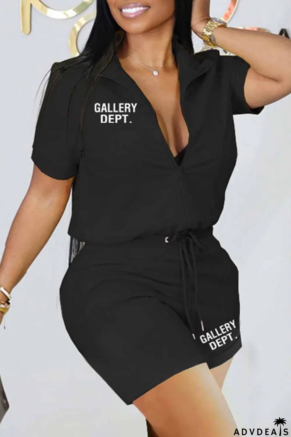 Black Casual Print Letter Zipper Collar Short Sleeve Two Pieces