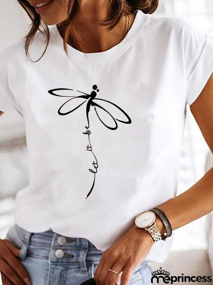 Women Fashion Base Letter Sunflower Cross Print Round Neck Short Sleeve T-Shirt