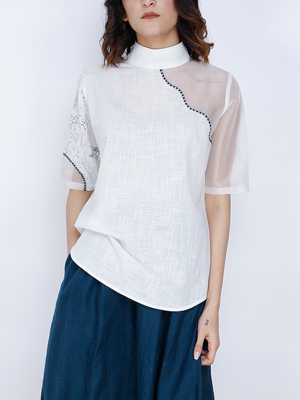 Patchwork Half Sleeve High Neck Blouses