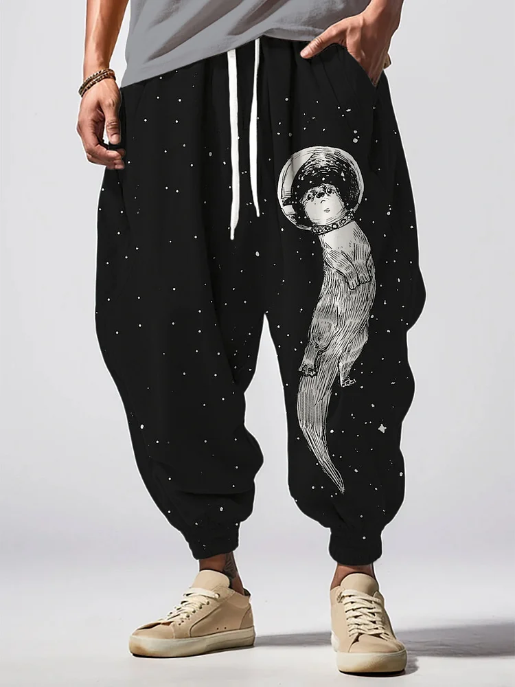 Men's Outer Space Otter Astronaut Print Loose Drawstring Waist Sweatpants