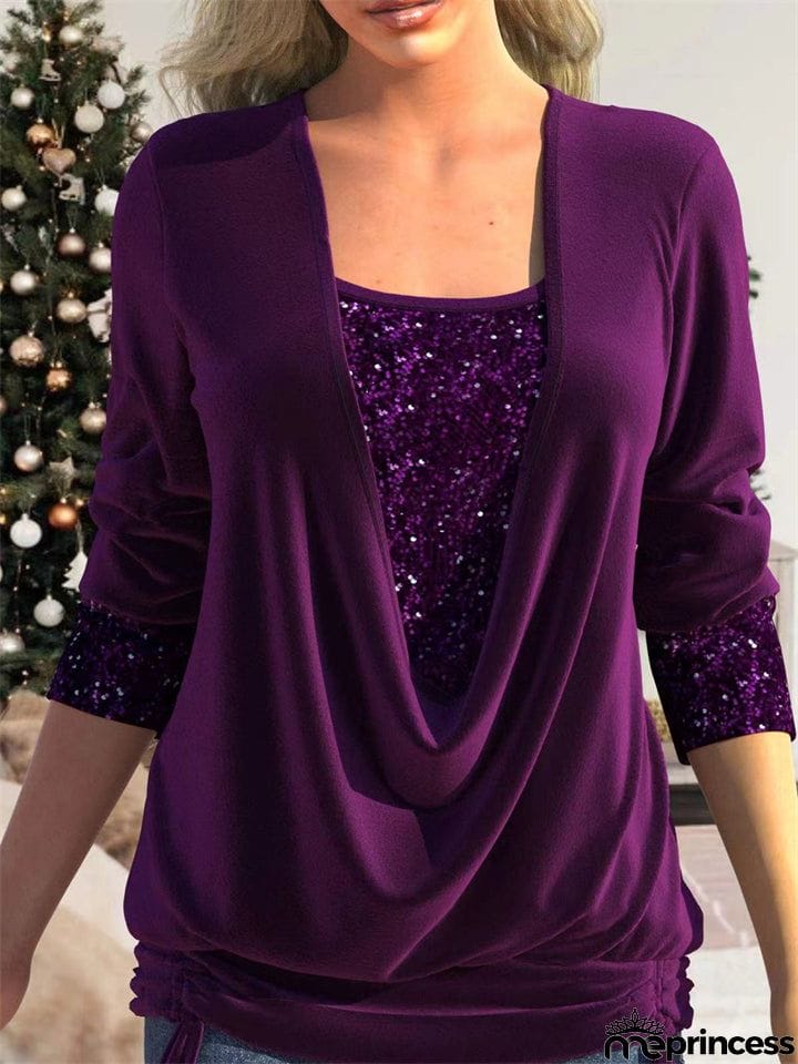 Women's Luxury Contrast Color Sequins Faux Two Shirts