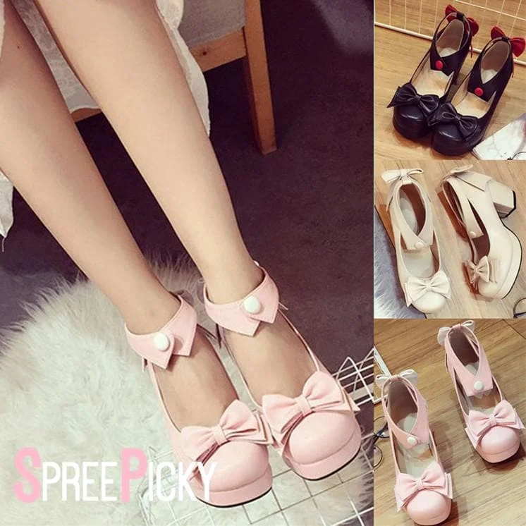Beige/Black/Pink Lolita Bowknot Rough Heels Shoes SP179192