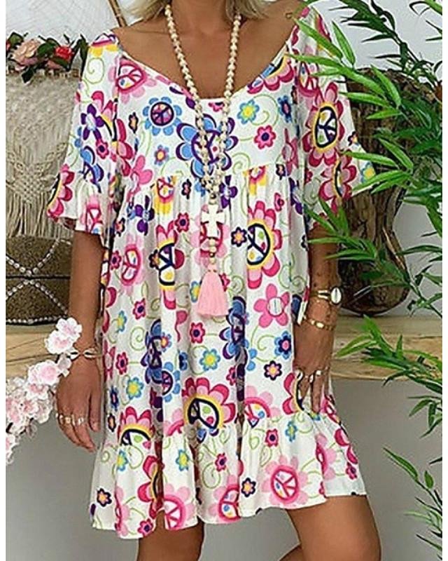 Women's Tunic Knee Length Dress - Short Sleeve Floral Print Summer Basic Hot White Blue Red Light Blue