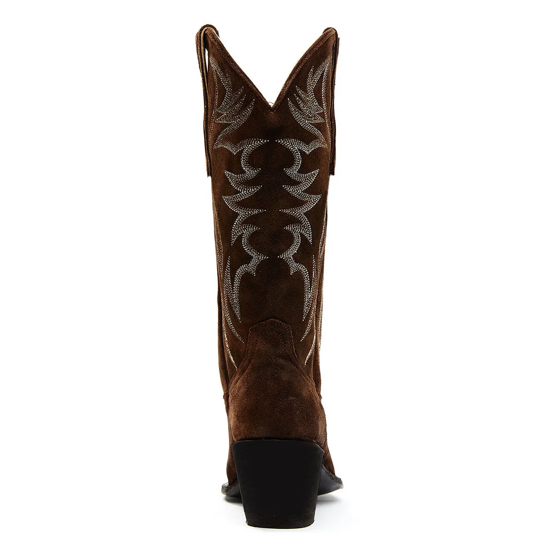 Dark Brown Pointed Toe Embroidered Mid-Calf Cowgirl Boots for Women