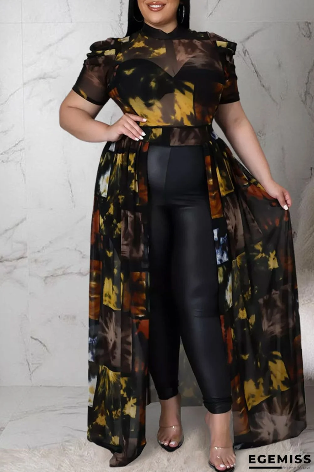 Black Sexy Print Patchwork See-through Asymmetrical Mandarin Collar Straight Plus Size Dresses | EGEMISS