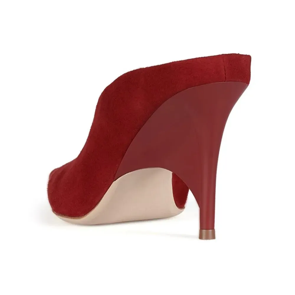 Red Vegan Suede Pointed Toe Sculptural Heel Mules for Women