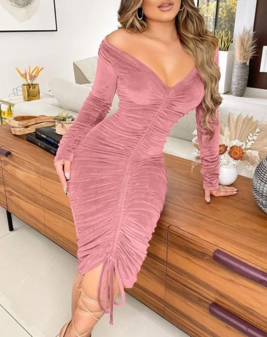 Neosepa-Deep V Neck Long Sleeve Pleated Design Plain Hue Skinny Bodycon Dress