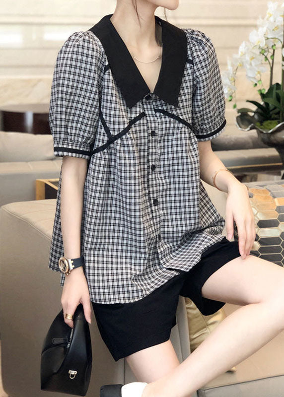 VCSHOES Black Peter Pan Collar Plaid Shirts Short Sleeve