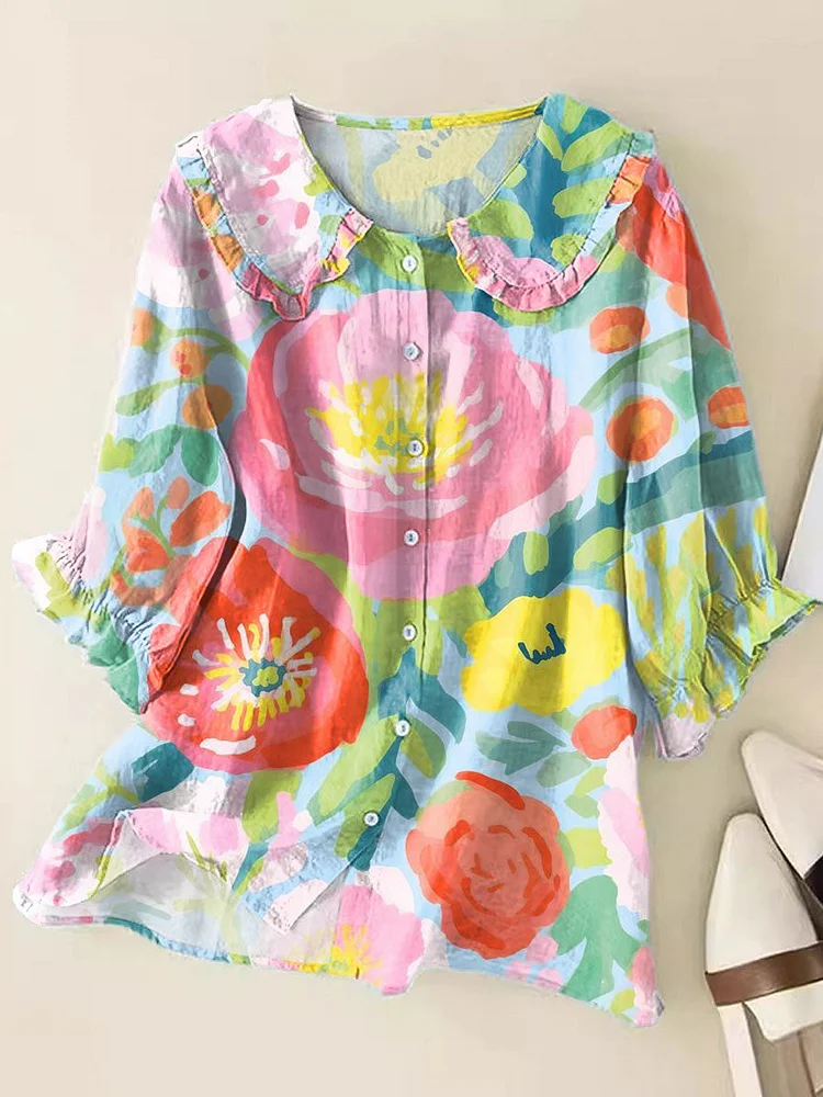 Women's  Fresh Floral Art Print Loose Top Peter Pan Collar Half Sleeve Blouses