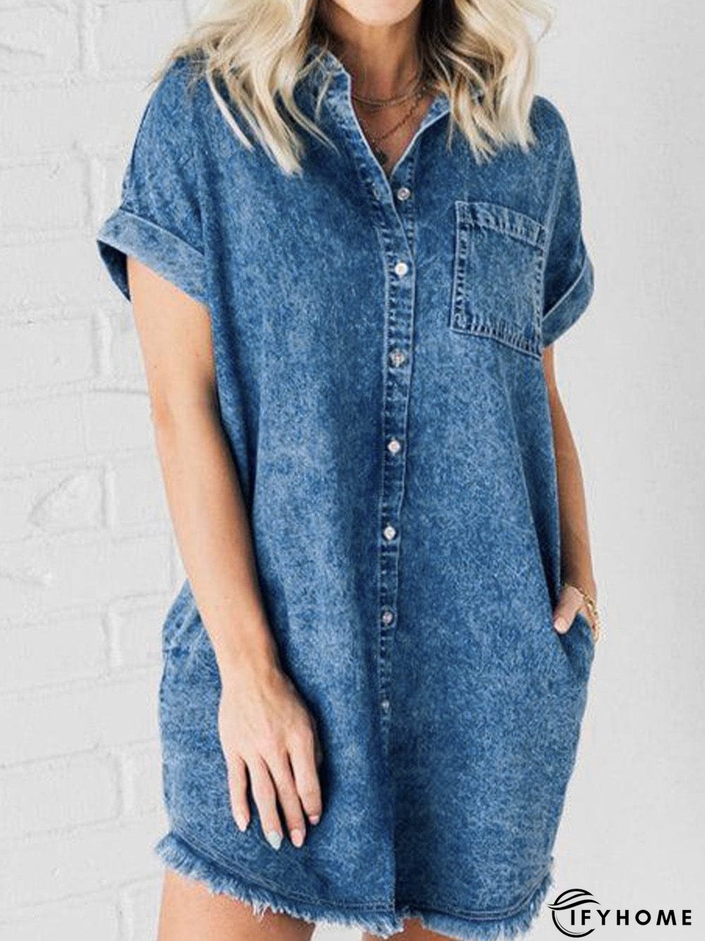 Blue Mineral Wash Denim Shirt Dress with Cuffed Sleeves | IFYHOME