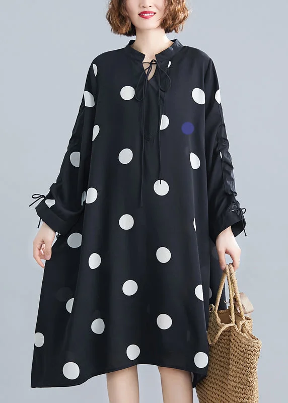 Loose Black Stand Collar Dot Lace Up Chiffon Dresses Spring