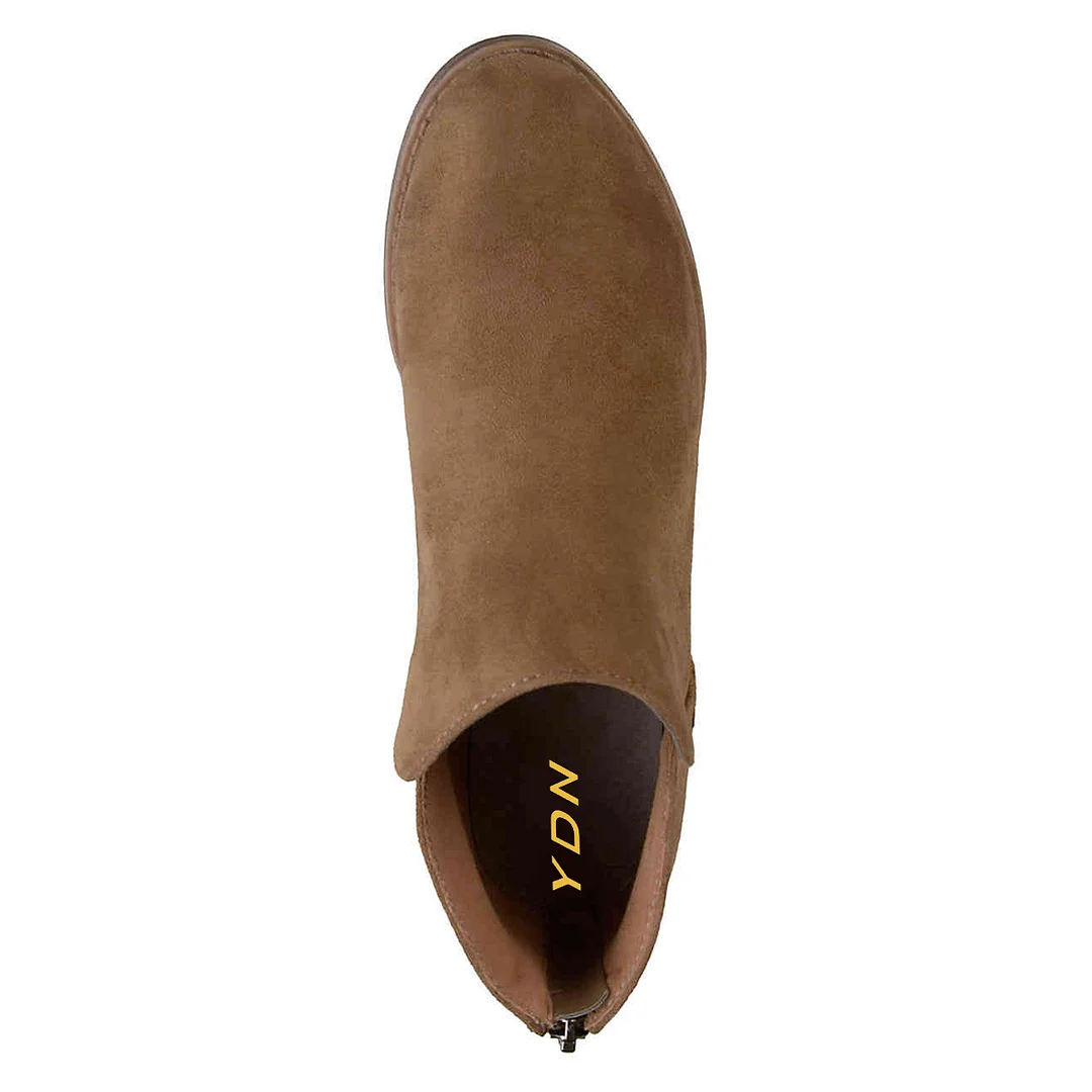 Faux Suede Round Toe Back-Zip Block Heel Ankle Boots in Brown 