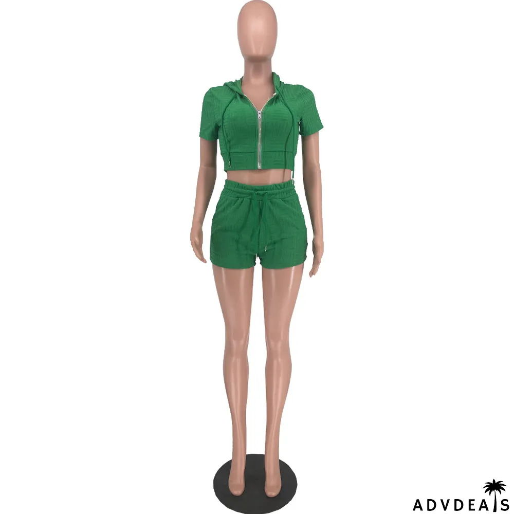 Women Clothes Summer Jacquard Solid Short Sleeve Crop Hoodie Fashion Casual Two Piece Shorts Set
