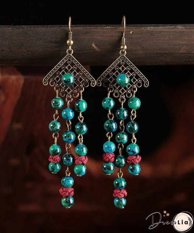 Women Green Sterling Silver Alloy Gem Stone Drop Earrings