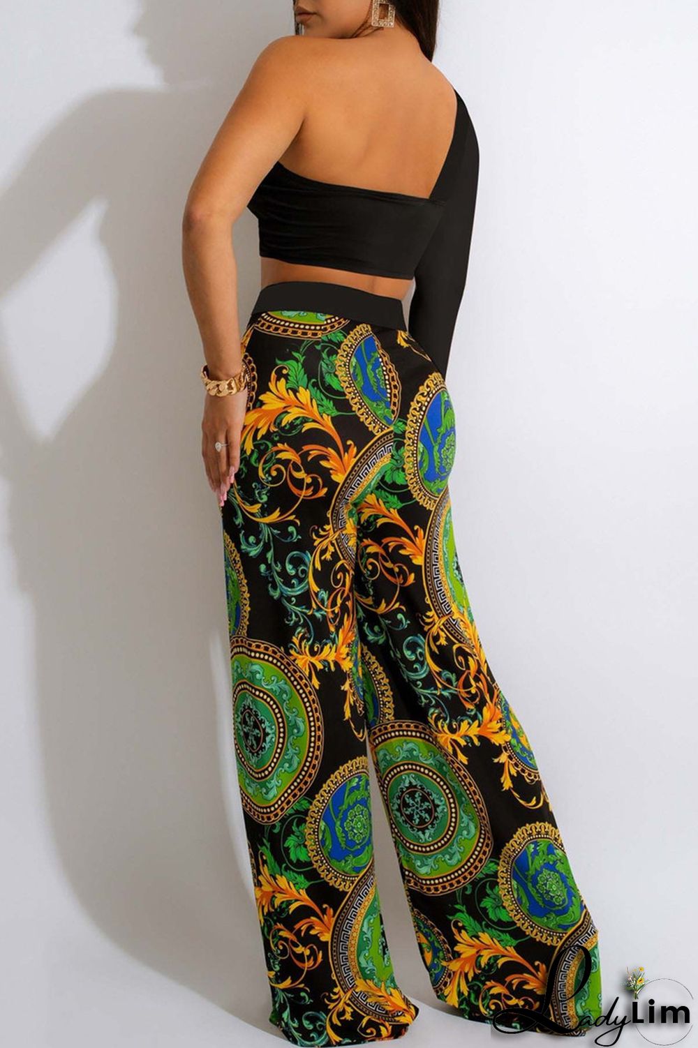 Sky Blue Fashion Casual Print Patchwork Backless Oblique Collar Long Sleeve Two Pieces