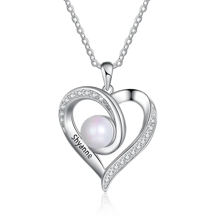 Personalized Heart Pearl Necklace Engraved 1 Name for Her