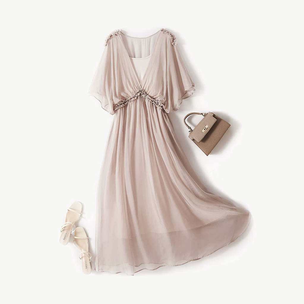 Summer Silk Dress Pleated Decoration For Vacation REAL SILK LIFE