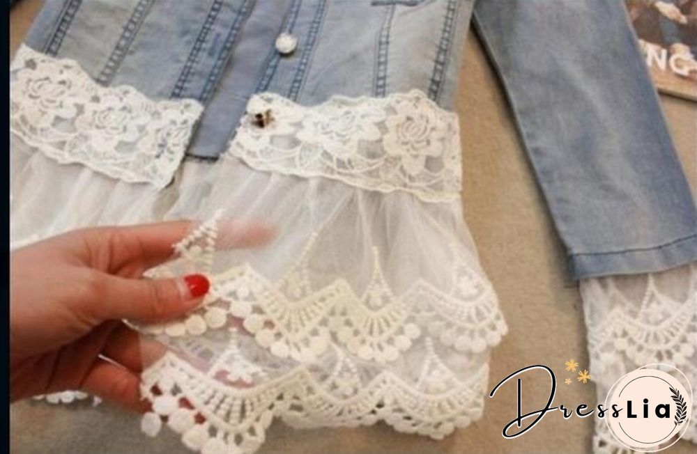 New Women Casual Denim Jacket Pearl Lace Splice Jean Coat Spring Summer Autumn Women Fashion Splice Coat Lace Jacket