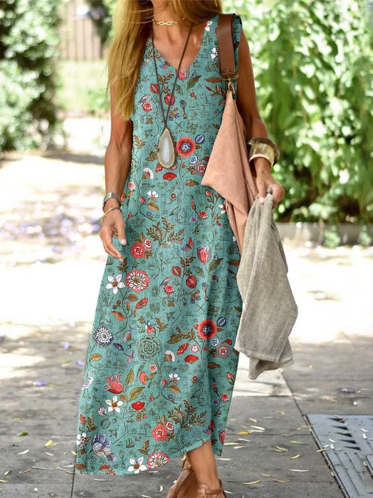 Women's Elegant Simple  Poppy Floral Loose Cotton and Linen Top Dress