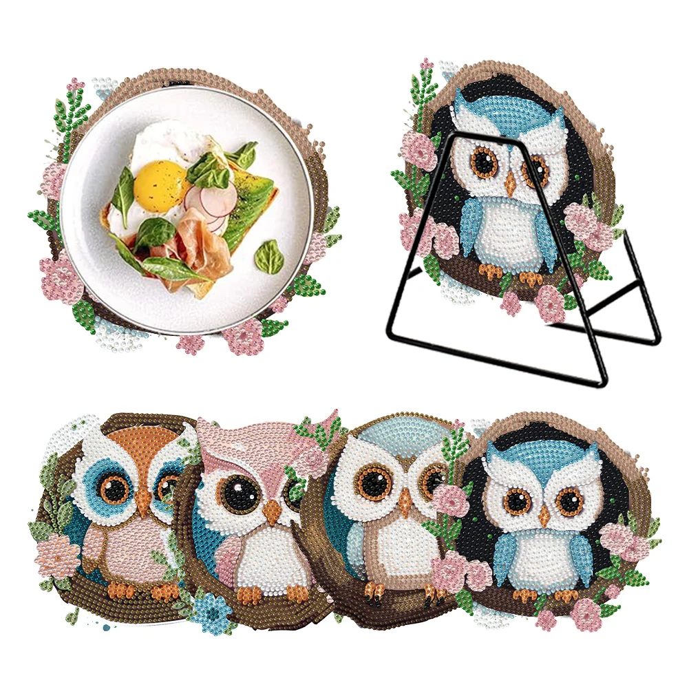 4 PCS Owl Wooden Diamond Painted Placemats Round Placemat with Holder