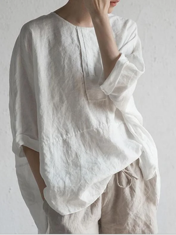 Plus Size Women's Round Neck Cotton And Linen Split Five-point Sleeve Casual Tee-Mayoulove