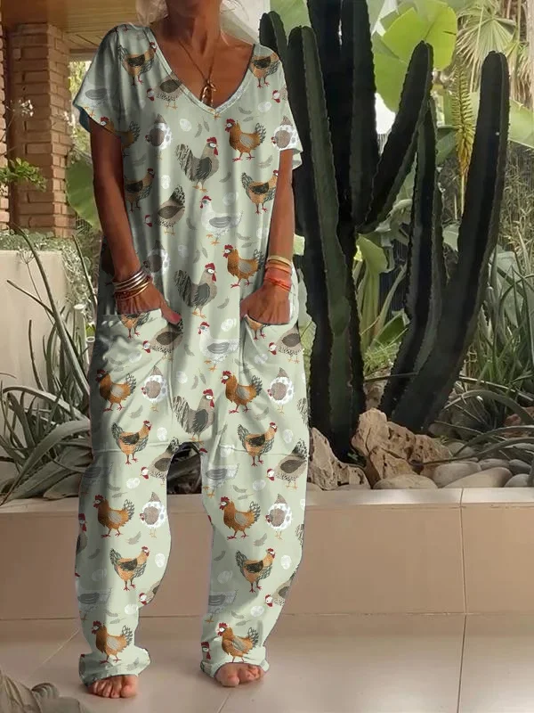 Casual Chicken Art Print V Neck Jumpsuit
