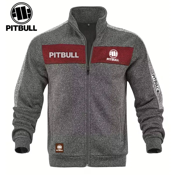 Męska kurtka PITBULL&reg; z kontrastowej dzianiny, zapinana na suwak, w paski i z kontrastowym kołnierzem. Kurtka ma zamek błyskawiczny z przodu i ściągacze przy mankietach, a jej regularny kr&oacute;j to wygodna odzież wierzchnia z wytrzymałego materiału.