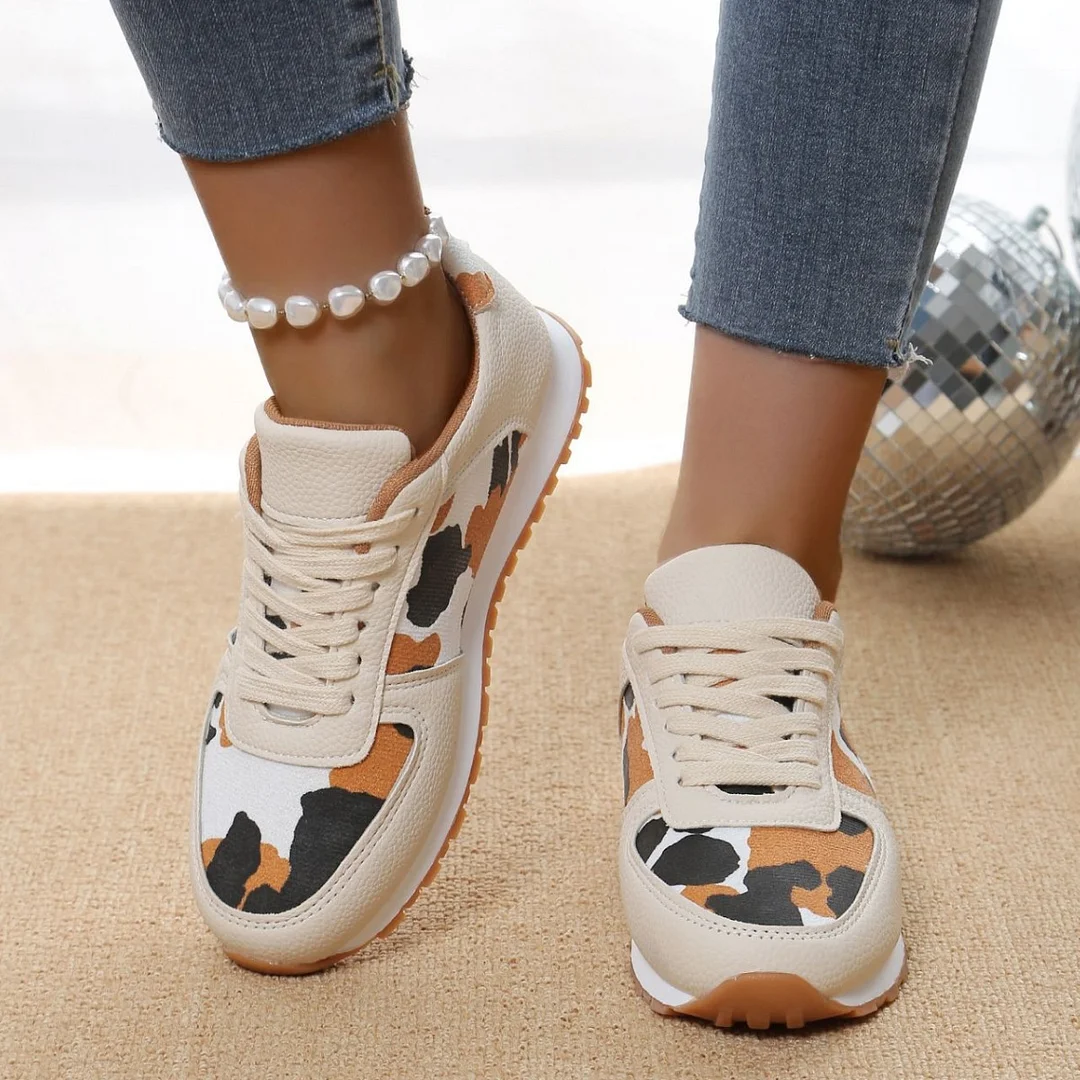 Breakj Breakj Large Code New Splicing Tie Sneakers 2025 Low-Top Leopard-Print Sports Casual Shoes Women