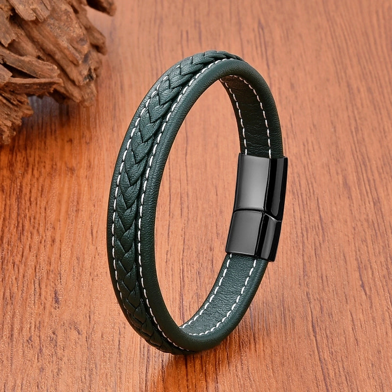 Minimalist Classic Style Commute Solid Color 316L Stainless Steel Leather Rope Unisex Bracelets
