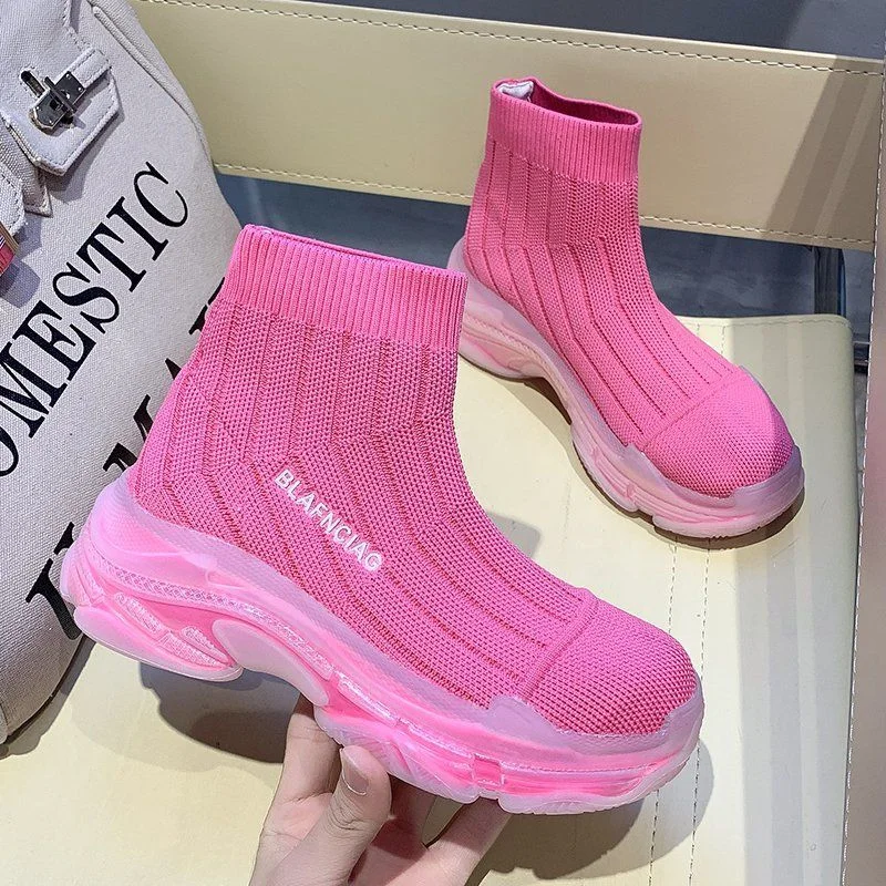 Fashion Women Boots Summer High Top Slip-on Breathable Socks Shoes Fashion Women's Chunky Sneakers Pink Green Sport Shoes