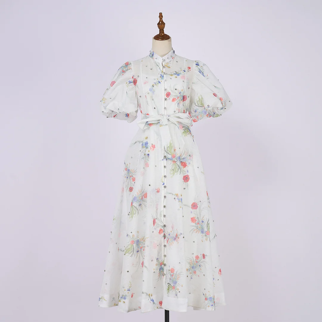 Nigikala Nigikala Court Style High Design Feeling Heavy Industry Nail Drill Short Sleeve Single Buckle Dress + Sling