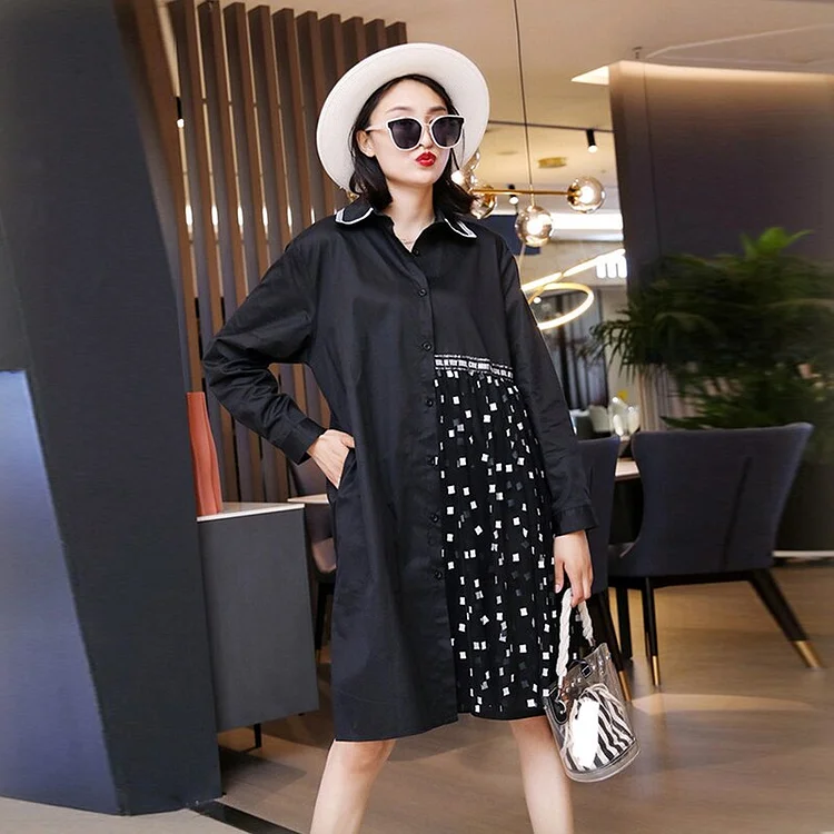 Chic Loose Solid Color Lapel Splicing Asymmetrical Contrast Color Square Mesh Yarn Long Sleeve Dress