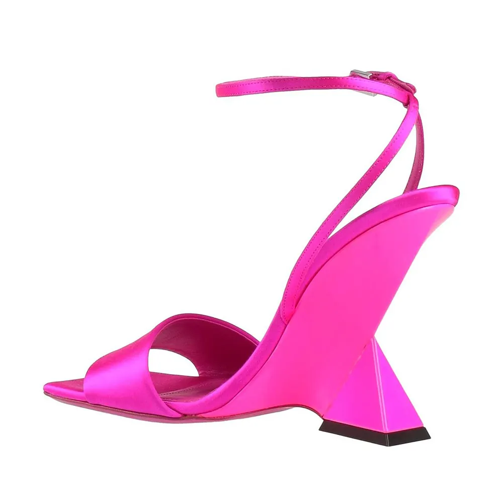 Fuchsia Square Toe Sculptural Heel Buckle Ankle Strap Women's Sandals