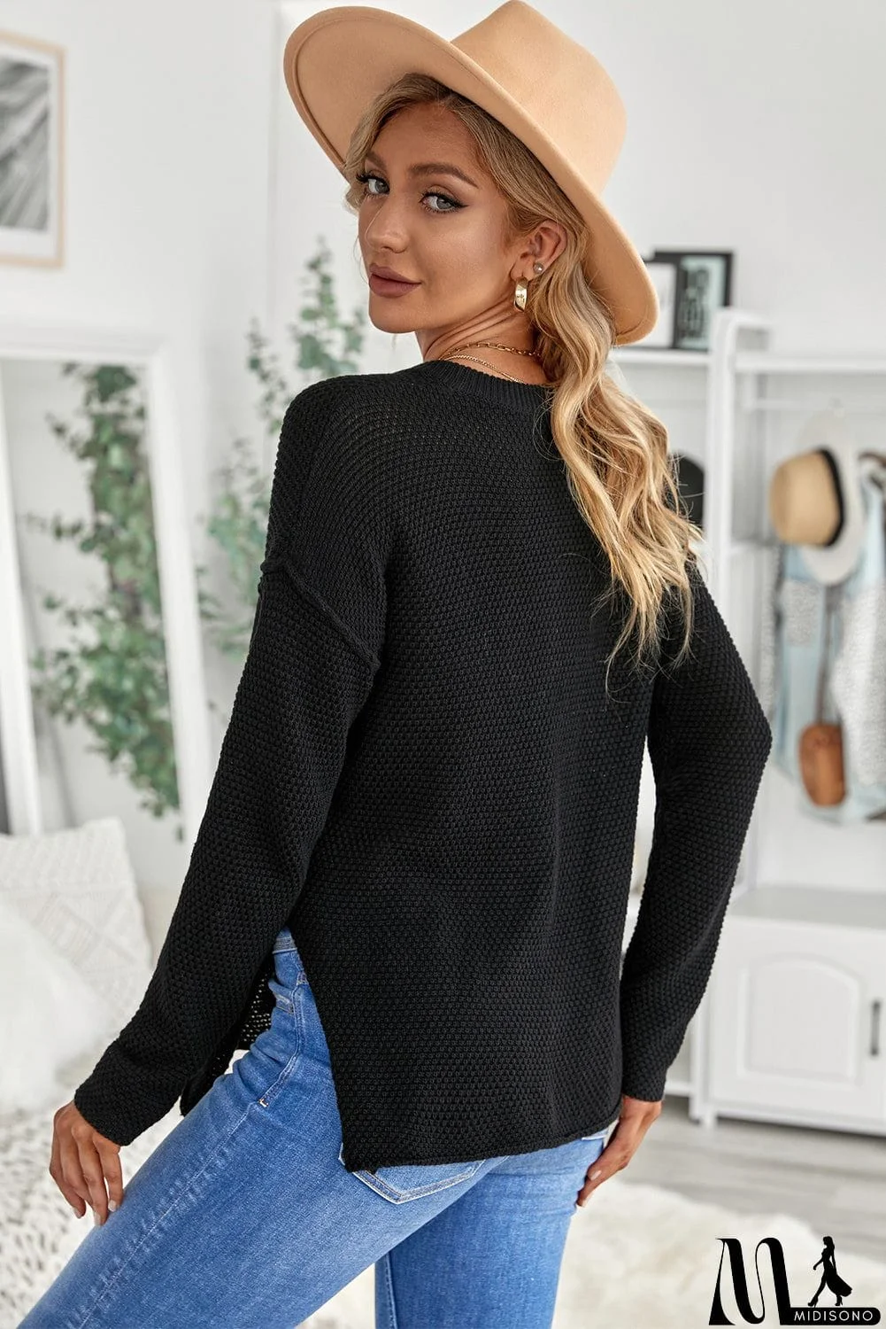 MidiSono - Women's Black Henley Pullover Drop Shoulder Sweater with Slits