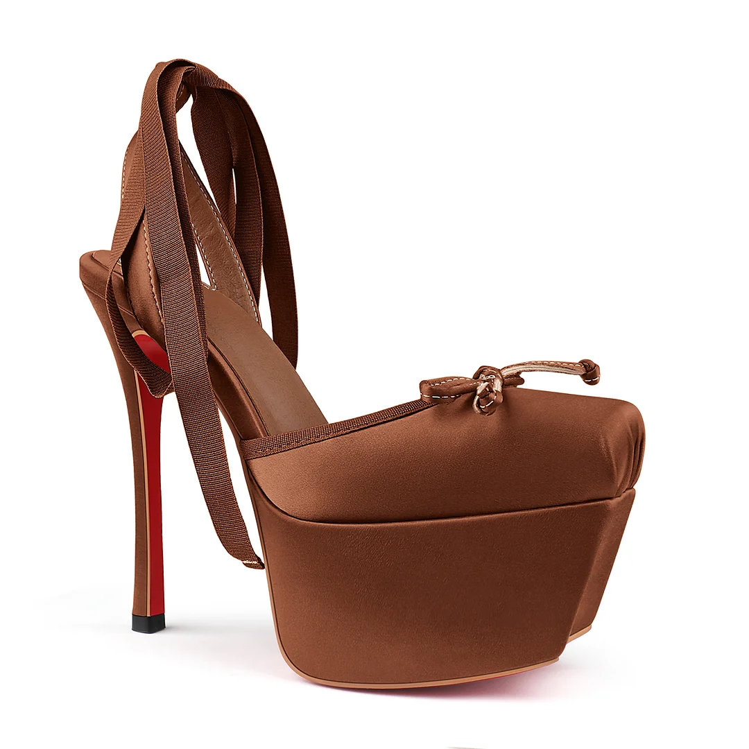 145mm Women's Strappy Crepe Satin Silk High Heel Lace Up Platform Red Bottom Wedding Banquet Sandals-MERUMOTE